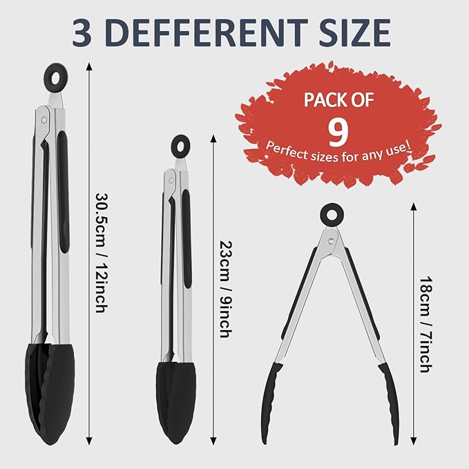 9 Pieces Silicone Tongs for Cooking 7,9,12 inches Kitchen Tongs with Silicone Tip Stainless Steel Heat Resistant Cooking Tongs for Food Grill Salad BBQ Frying and Serving, Black