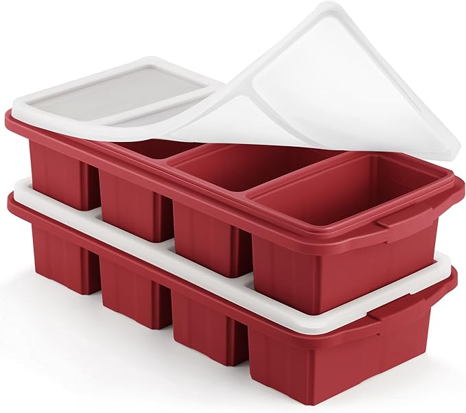 Silicone Freezer Tray With Lid - Silicone Freezer Food Molds- Large Ice Cube Tray,Silicone Freezer Container,Freeze & Store Soup, Sauce, Broth,Leftovers - Makes 4 Perfect 1 Cup