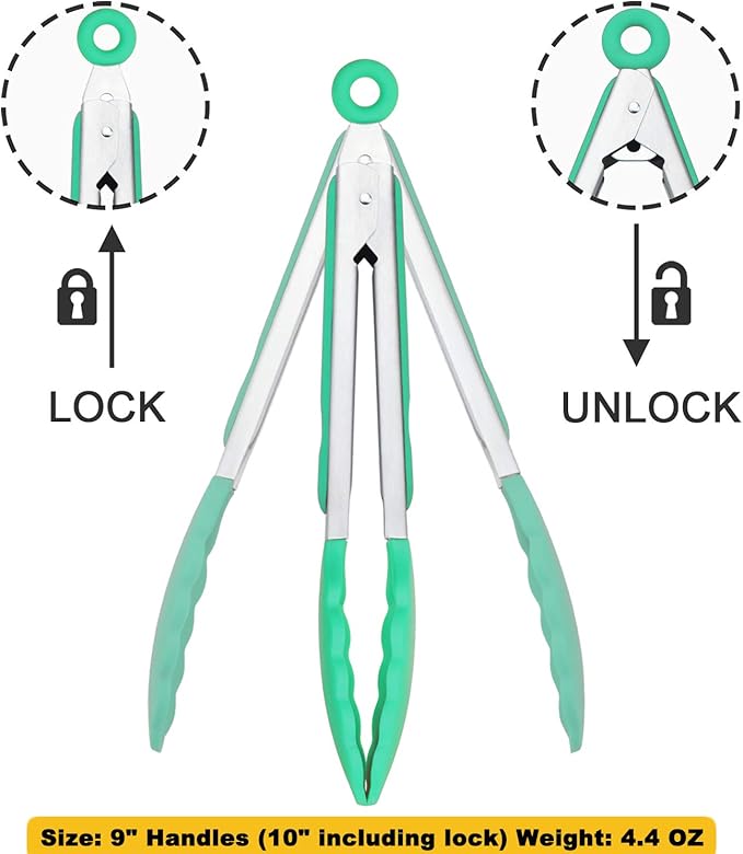 Stainless Steel Kitchen Cooking Tongs with Silicone Tips 9-Inch Serving Tongs, Set of 3 (Mint Pink Yellow)