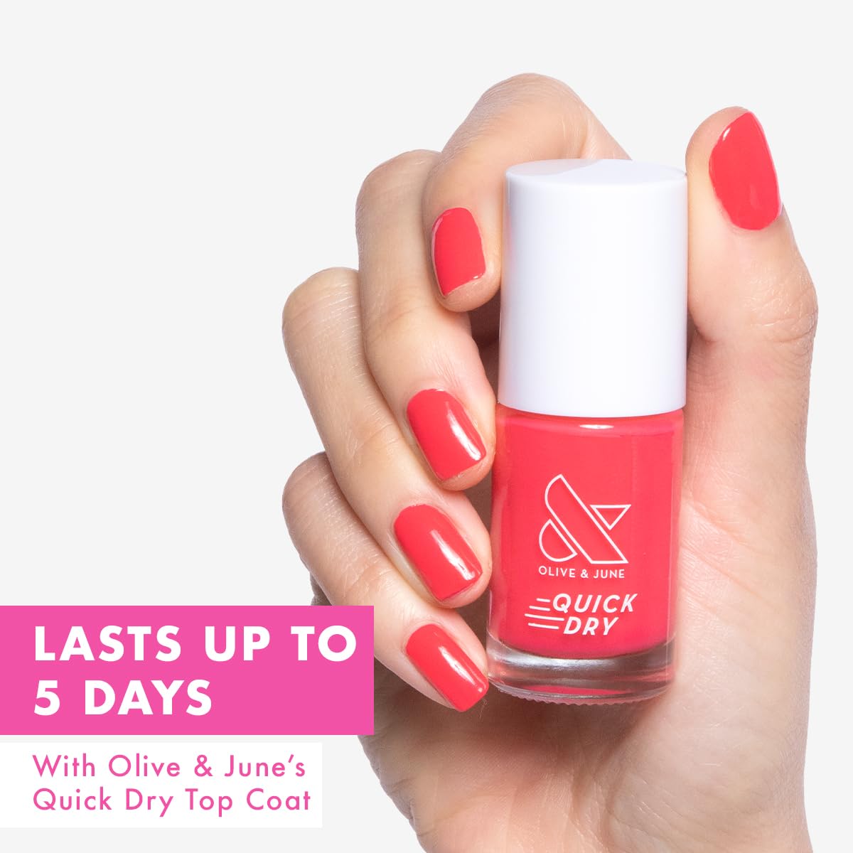 Olive & June Quick Dry Nail Polish | Instant Fast-Drying Smudgeproof Color | 15-free Vegan Cruelty-Free Formula | Lasts up to 5 Days | Salon-Quality Manicure Pedicure at Home |Pomodoro Tomato Red-Pink-BrightBean Baby