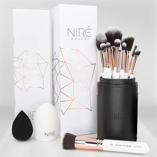 Niré Beauty White 15piece Award Winning Professional Makeup Brush Set: Vegan Makeup Brushes with Case, Makeup Sponge, Cleaner, Guide, Gift Box-BrightBean Baby