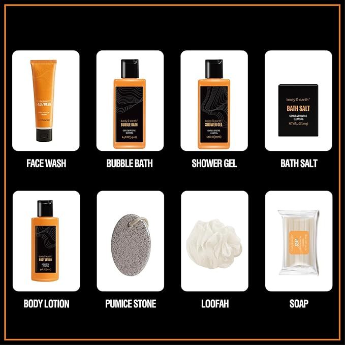 Body & Earth Gift Baskets for Men Bath Set Citrus Scented Bath and Body Gift Set with Body Lotion, Face Wash, Shower Gel, Bubble Bath, Loofah, Birthday Fathers Day Gifts-BrightBean Baby
