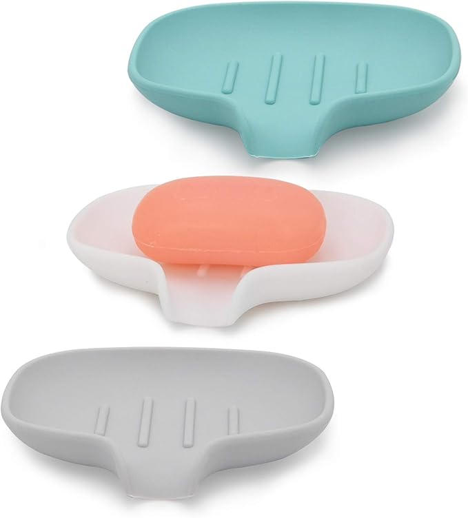 3 Pack Silicone Soap Dish with Drain, Bar Soap Holder for Shower/Bathroom, Self Draining Waterfall Soap Tray/Saver for Kitchen, Keep Soap Dry, Easy to Clean