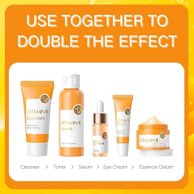 Vitamin C Skincare Set, 5Pcs Skincare Gift Set With Cleanser, Toner, Face Serum, Face Cream, And Eye Cream, Facial Kit for Women, 5-In-1 Skin care Gift Set, Moisturizing Skincare Set For Women Men-BrightBean Baby