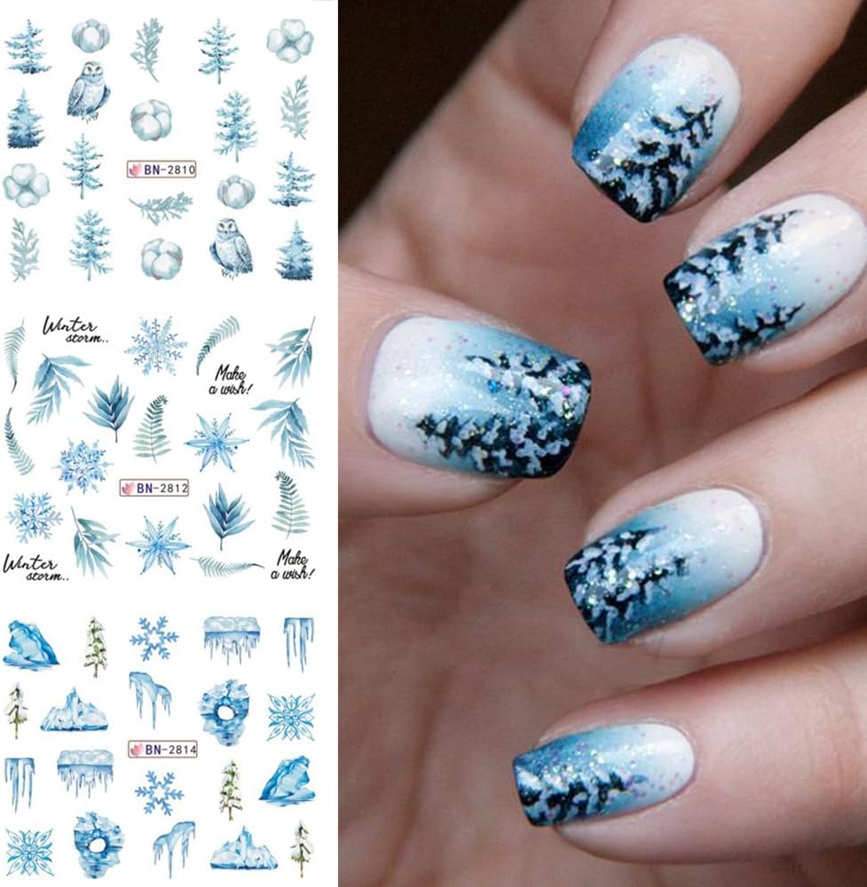 12 Sheets Snowflake Nail Art Stickers Water Transfer Nail Decals Christmas Nail Art Decorations Blue Snowflake Elk Santa Tree Bear Cute Winter Pattern Watermark Nail Stickers for Women DIY Nail Supply-BrightBean Baby