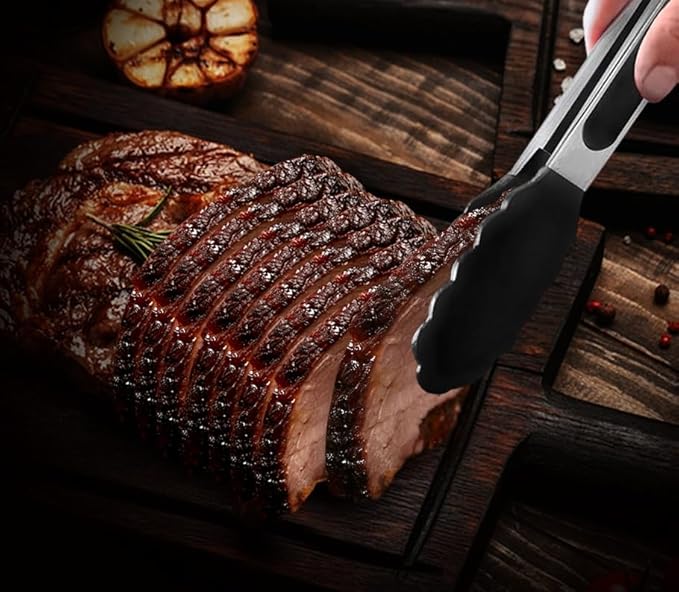 Black Stainless Steel Tongs Heat Resistant Kitchen Tongs Set - 7" & 9" Inch, BBQ Tongs with Silicone Tip, Strong Grip for Cooking, Salad Tossing, Air Fryer, & Grill Tongs- Pull Lock, Black - Set of 2