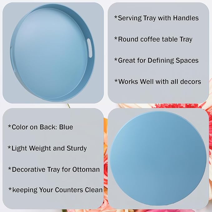 Round Blue Decorative Serving Tray with Handles, 13” Versatile Ottoman Tray for Coffee Table, Entertaining, Outdoor Patio, Living Room