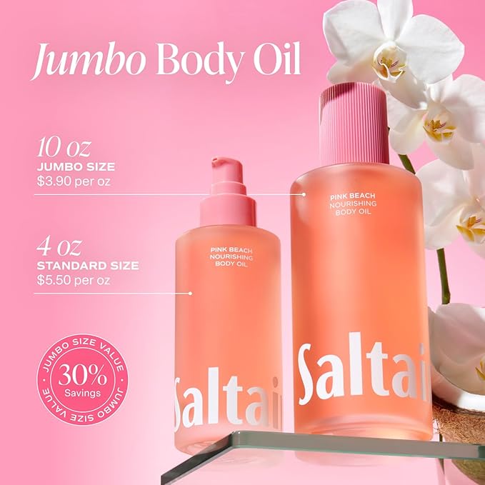 Saltair Body Oil. Jumbo Size Pink Beach After Shower and Bath Oil Moisturizer for Women and Men. Botanical, Non-Greasy, and Well-Absorbing Lotion for Hydrating Dry Skin. 10oz Bottle-BrightBean Baby
