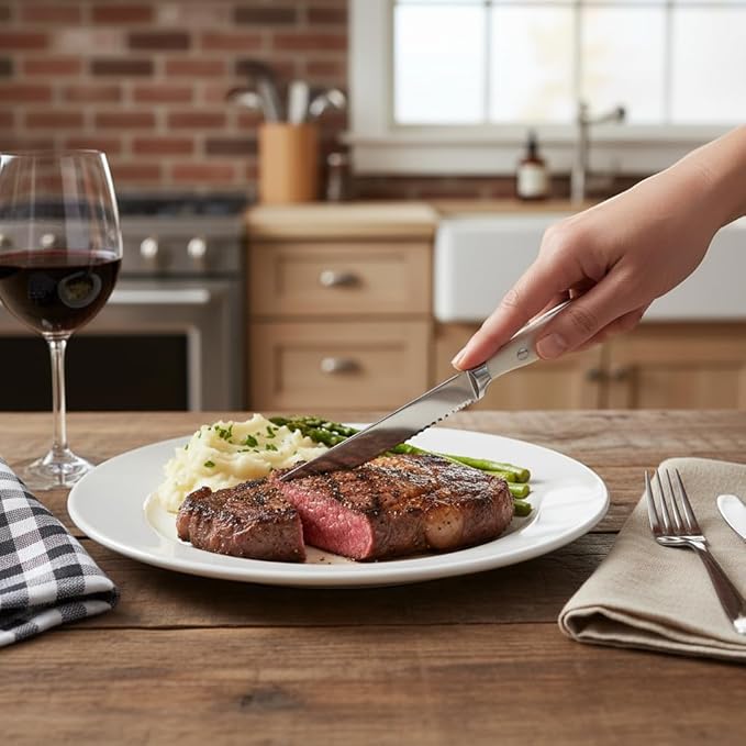 Alata 8-Piece White Steak Knives Set, Stainless Steel Steak Knife set with Serrated Edge, Razor-Sharp, Full-Tang Construction, Dishwasher Safe