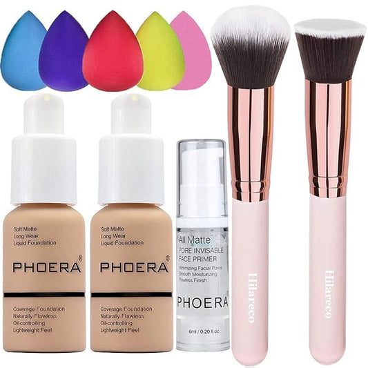 2 Pack PHOERA Foundation Buff Beige 104 and Face Primer,Liquid Full Coverage Foundation Set,Foundation Brush Powder Brush,5 Makeup Sponge,24HR Matte Oil Control Concealer (104- Buff Beige)-BrightBean Baby
