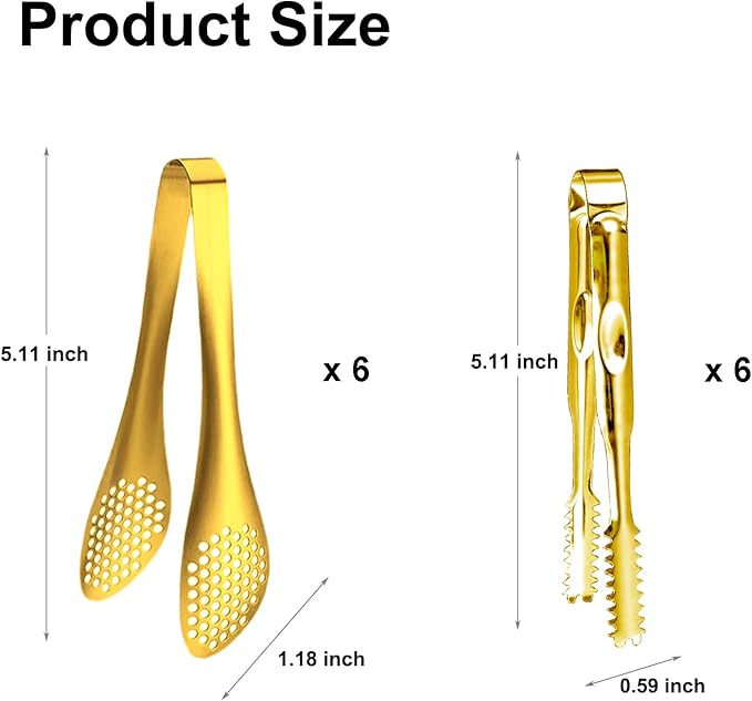 12-Piece Mini Tongs - 5-Inch Stainless Steel Salad Tongs, Small Tongs for Serving Food, Mini Serving Utensils for Appetizers, Party, Coffee, Desserts (Gold)