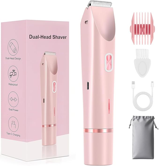 Dermave Bikini Shaver 2.0, 2025 New Glow Aura Bikini Trimmer for Women, 2 in 1 Dual Head Electric Razors for Women, IPX7 Waterproof Wet & Dry Electric Shaver, Rechargeable Portable Body Shaver (Pink)-BrightBean Baby