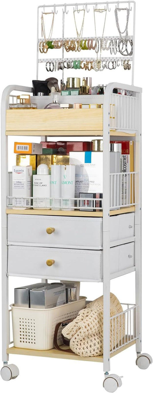 YGJT Makeup Organizer, Floor Skincare Cosmetics Organizer with Drawers, Jewelry Organizers and Storage for Earring Necklace, Vanity Organizer for Skin Care Perfume Makeup Brush Nail Polish Hair Tool-BrightBean Baby