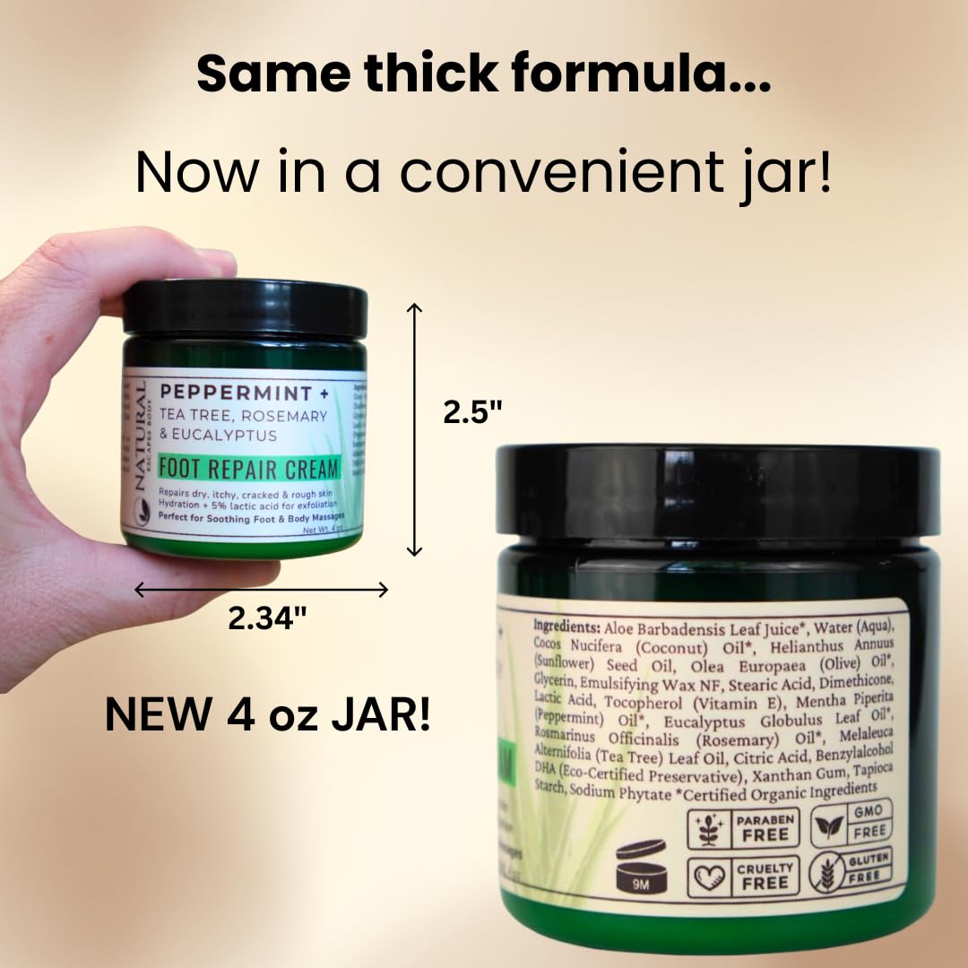 Peppermint + Rosemary, Eucalyptus & Tea Tree Foot Cream for Dry Cracked Heels and Feet - Moisturizing Foot Lotion for Cracked Heel Repair - Callus Remover with Lactic Acid (4 oz)-BrightBean Baby