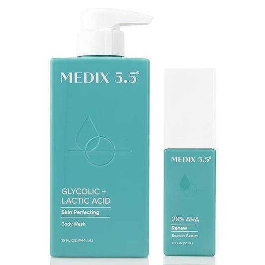 Medix 20% Glycolic Acid Booster + Exfoliating Body Wash Cleanser Skin Care 2PC Set | AHA Exfoliant Body Wash + Body Serum Both Refine + Soften Dead Dry Skin, Bumps, Wrinkles, & Fine Lines, Bundle-BrightBean Baby