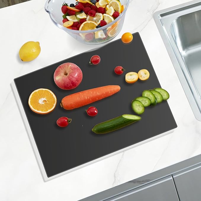 Tempered Glass Cutting Board for Kitchen, Black Glass Board for Countertop, Heat Resistant, with Non-Slip Feet, 12x16" 1Pcs