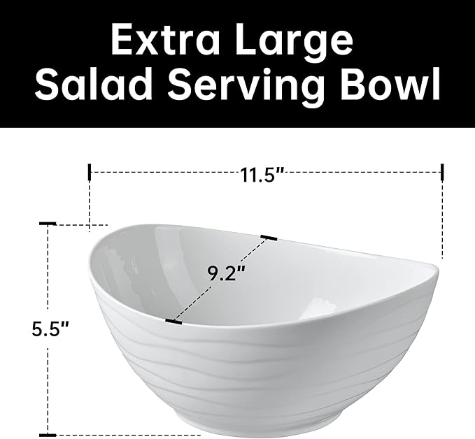 Extra Large Elegant Ceramic Oval Salad Bowl Set with Premium Acacia Wood Salad Serving Utensils - Large Capacity, Stylish and Practical, Kitchen Must-Have