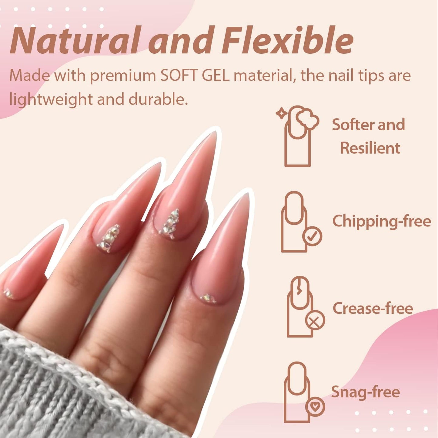 UNA GELLA Long Stiletto Gel Nail Tips Halloween Full Cover 504PCS Pre-shape Long Stiletto Almond Fake Clear Nails Tips No Need File Gel Tips No C Curve for Nail Extension DIY Art Salon 12 Sizes-BrightBean Baby
