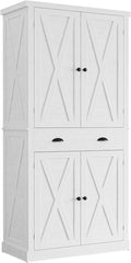 IRONCK Kitchen Pantry Storage Cabinet 72.6" H, with Barn Doors, Drawer, 4 Adjustable Shelves, Freestanding Cupboard, Laundry, White