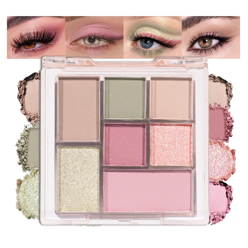 Nude Pink 7Colors Eyeshadow Makeup Palette with Mirror,Green Natural Neutral Eye Shadow Palettes for Older Women,Long Lasting Naturing-Looking,Lightweight,Waterproof,Eye Makeup Kit Travel Size,Vegan-BrightBean Baby