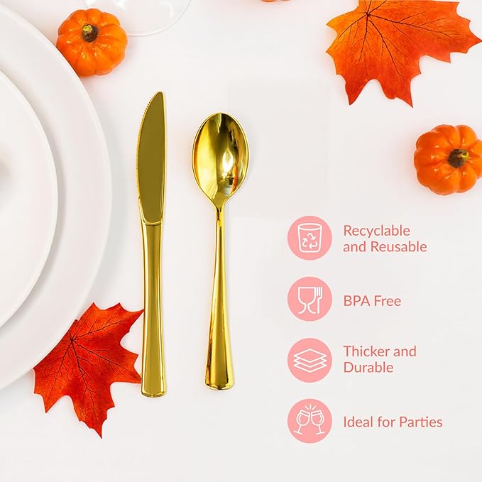 Prestee 120 Gold Plastic Cutlery Set - 40 Forks, 40 Spoons, 40 Knives - Heavy Duty Disposable Flatware