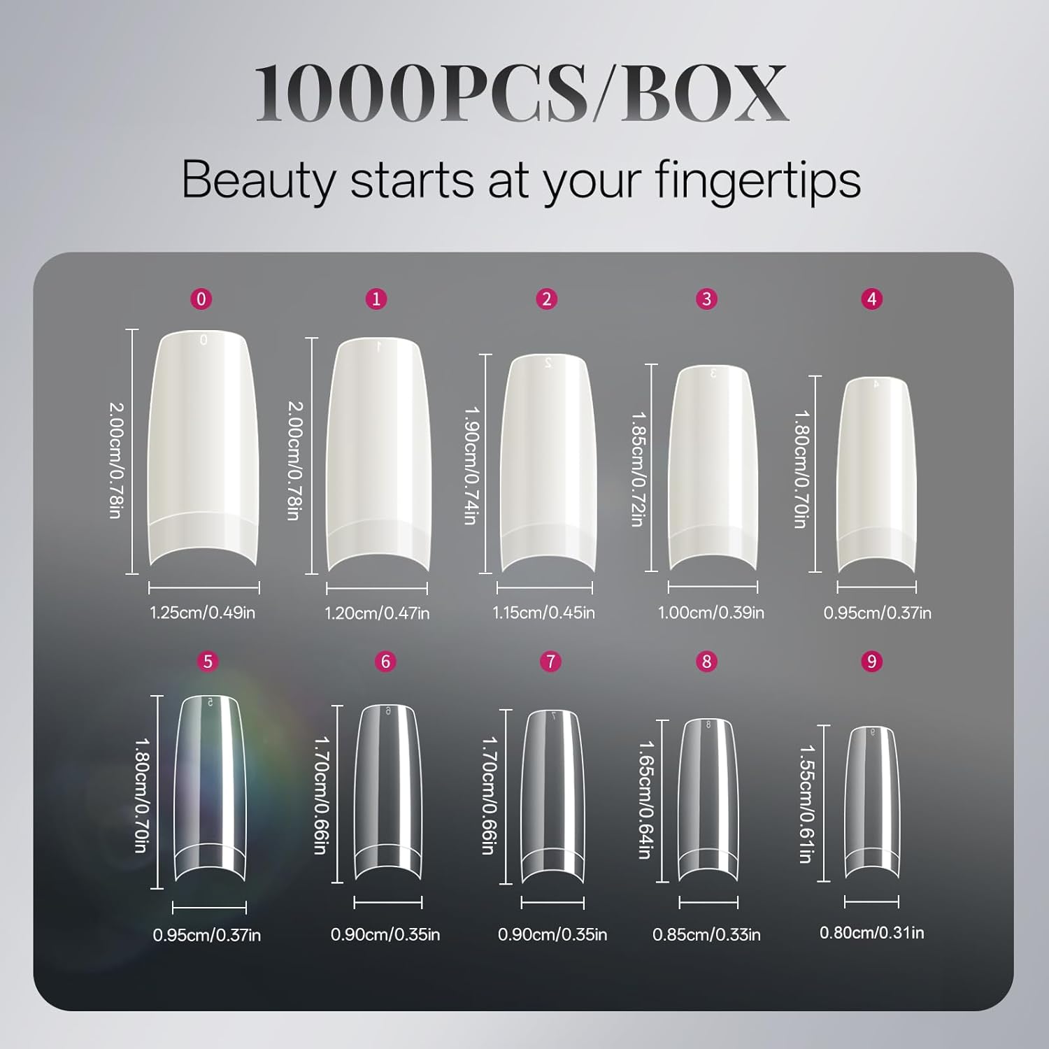 krofaue Nail Tips Lady French Style Acrylic Artificial Half Cover False Nail Tips with Box Ideal for Salons and Home DIY Manicure,10 Sizes,1000PCS (Natural and Clear)-BrightBean Baby