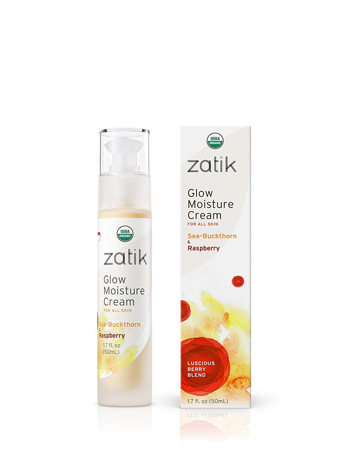 Zatik Naturals - Glow Moisture Cream, Sea-Buckthorn & Raspberry Luscious Berry Blend, USDA Certified Organic, Vegan, Non-GMO, Gluten Free, Alcohol Free, pH Balanced, Biodegradable, 1.7 oz, 50 mL-BrightBean Baby