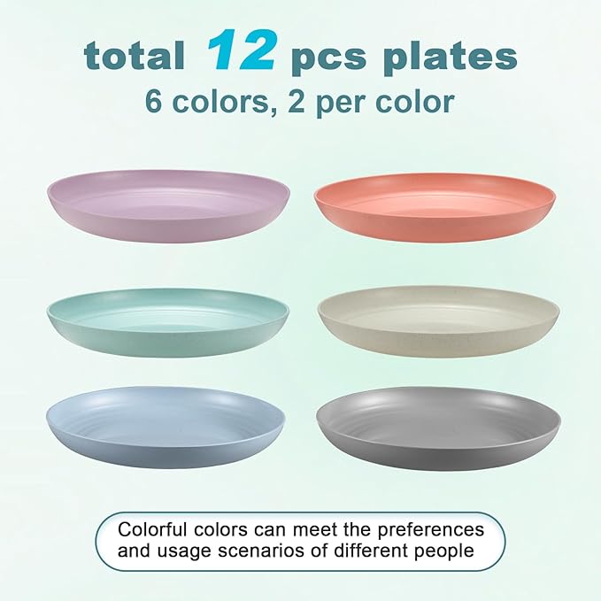 12 Pcs Unbreakable Deep Dinner Plates Set, 9 inch Reusable Plastic Wheat Straw Plates, Microwave and Dishwasher Safe Plate for Kitchen, Lightweight Plate for Dessert, BPA Free, 6 Colors