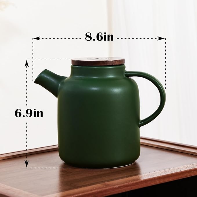 Yundu 1500ml / 50 oz Ceramic Teapot with Infuser & Wood Lid - Matte Green, Loose Leaf Tea Pot with Removable Strainer, Large Capacity