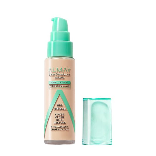 Almay Clear Complexion Acne Foundation Makeup with Salicylic Acid - Lightweight, Medium Coverage, Hypoallergenic, Fragrance-Free, for Sensitive Skin, 099 Porcelain, 1 fl oz.-BrightBean Baby