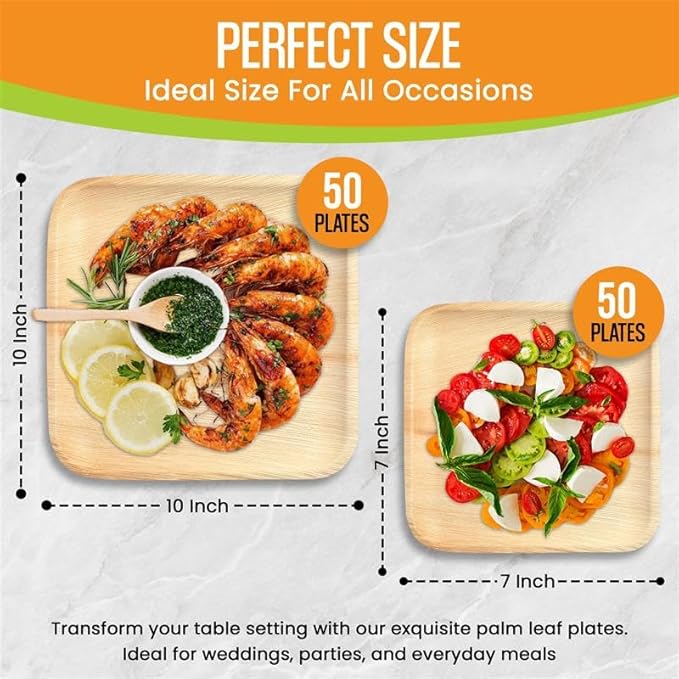 Raj Palm Leaf Plates Disposable Bamboo Plates 10 Inch & 7 Inch Square Party Pack (100 Pc) Compostable and Biodegradable - Better than Plastic & Paper Plate for Lunch, Birthday, Camping