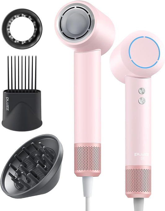 Hair Dryer with Comb & Diffuser Attachment for Curly Hair, PLUZZ 200M Negative Ionic Blow Dryer Brush, High-Speed Brushless Motor Hairdryer Fast, Portable Travel Hair Dryers Quiet, Women/Men/Kids-BrightBean Baby