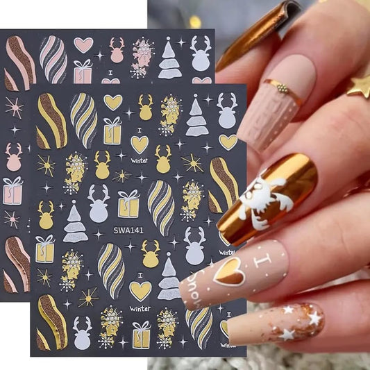 2PCS Christmas Nail Art Stickers, Winter Snowflake Reindeer Nail Stickers Christmas Gift Heart Pattern Self-Adhesive Nail Decals, DIY Nails Art Decoration, Festive Nails Supplies, Xmas Nails Charms-BrightBean Baby