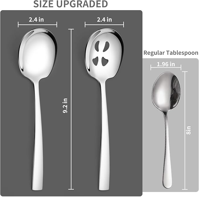 4 Piece Stainless Steel Serving Spoons Set - 2 Large, 2 Slotted, 9.2-Inch, Dishwasher Safe, for Parties/Kitchen/Buffet/Catering