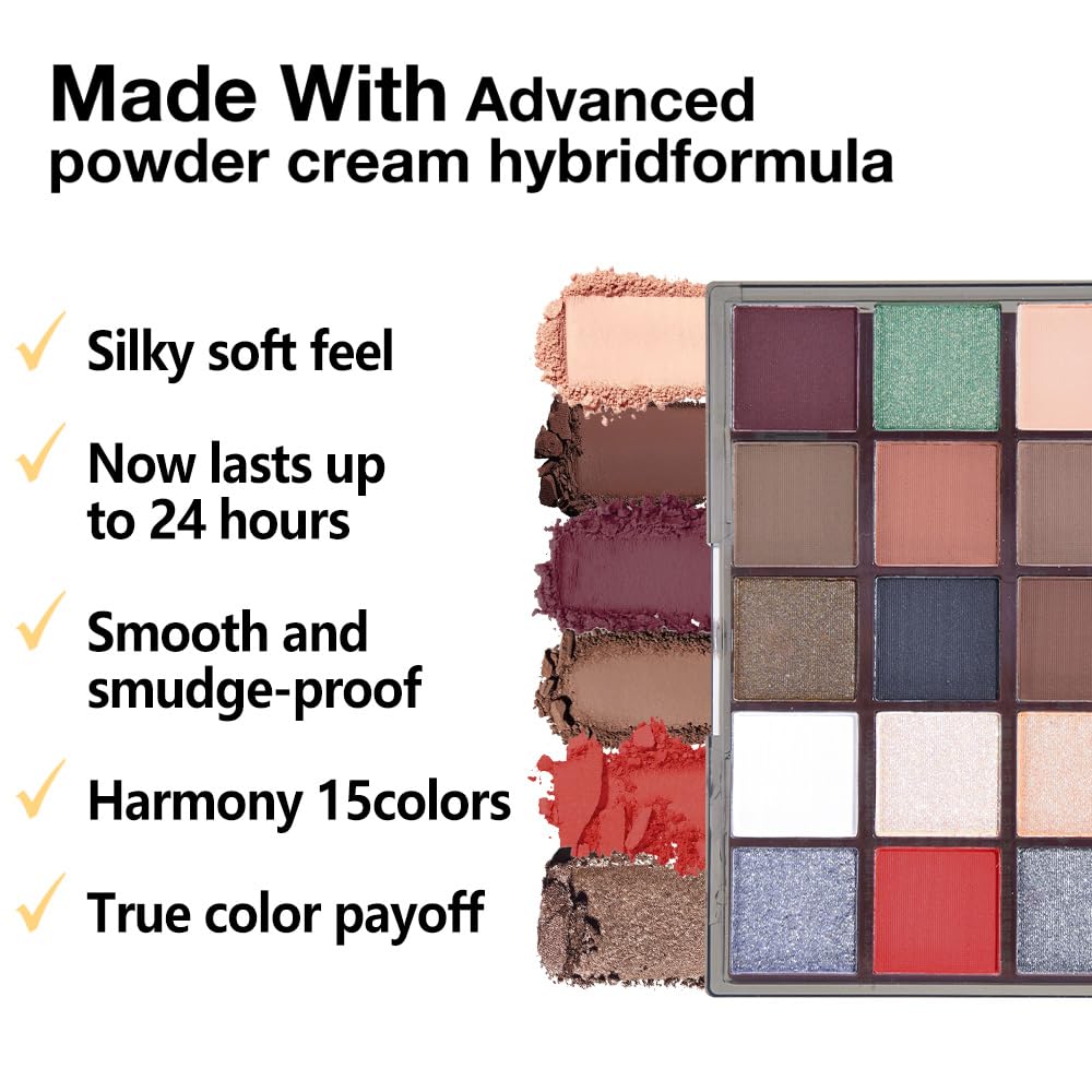 Smokey Red Eye Shadow Makeup Palette,15 Colors Gray Silver Brown Dark Shimmer Matte Makeup Pallet,Long Lasting Waterproof for Daily and Halloween,Vegan,Cruelty -free-BrightBean Baby