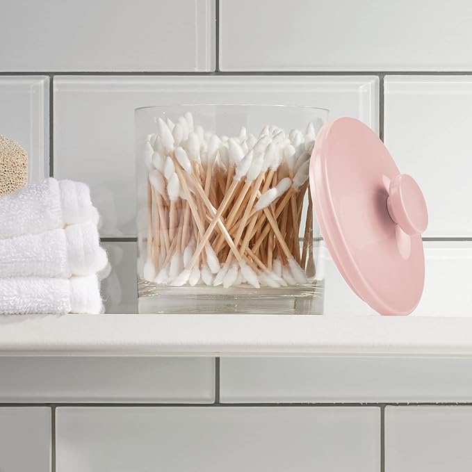 mDesign Small Modern Apothecary Storage Organizer Canister Jars - Acrylic Containers for Bathroom, Organization Holder for Vanity, Counter, Makeup Table, Lumiere Collection, 2 Pack, Clear/Light Pink