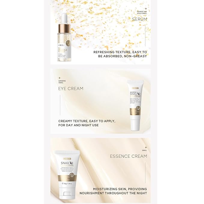 Snail Mucin Skin Care Set,Gold Snail Serum,Ginseng Snail Eye Cream,Snail Essence Cream 3 in 1 Essentials Travel,Improve Damaged Skin Lmproves Elasticity and Minimizes Pores(3pcs)-BrightBean Baby