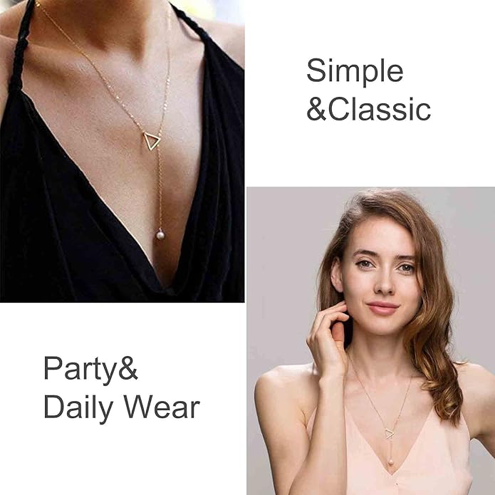 Boho Pearl Triangle Necklace Gold Y Pearl Necklace Minimalist Y Lariat Necklace Geometry Chain Jewelry for Women and Girls-BrightBean Baby