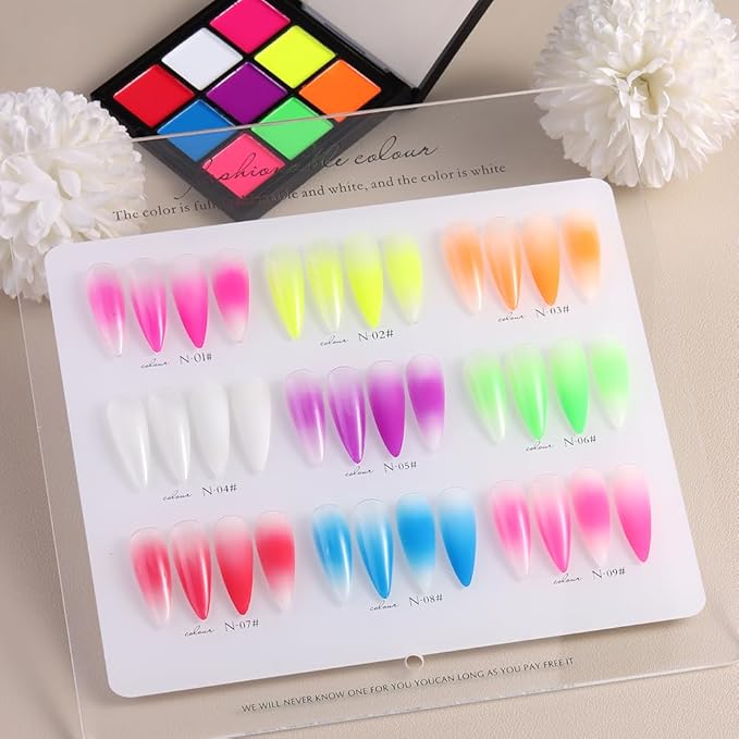 Neon Phosphor Nail Pigment Powder Palette, 9 Colors Solid Pigment Powder for Nails, Fluorescent Glitter Aura Nails Rubbing Dust with Ombre Nail Brush & Sponge Sticks Manicure Art DIY Accessories-BrightBean Baby