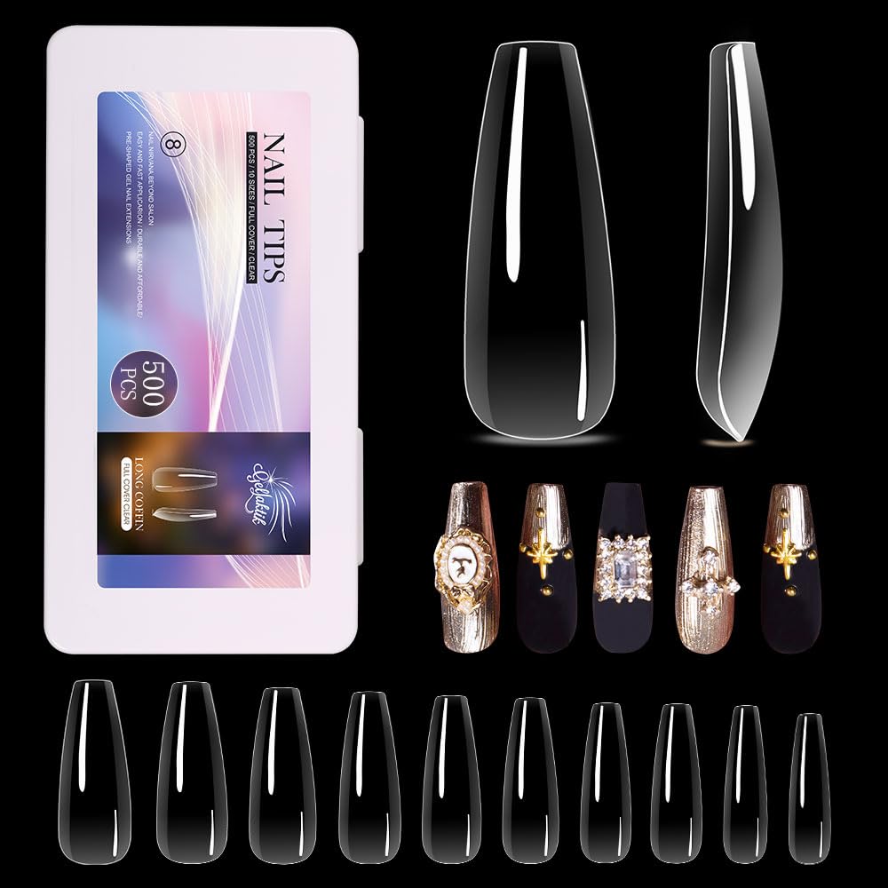 Long Coffin Nail Tips 500PCS, Clear Acrylic Full Cover Gel Press on Nail Tips for DIY Salon, 10 Sizes Pre-Shaped False Nails with Glossy Finish, Professional Manicure Kit & Easy Application-BrightBean Baby