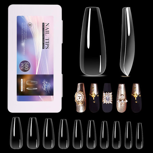 Long Coffin Nail Tips 500PCS, Clear Acrylic Full Cover Gel Press on Nail Tips for DIY Salon, 10 Sizes Pre-Shaped False Nails with Glossy Finish, Professional Manicure Kit & Easy Application-BrightBean Baby