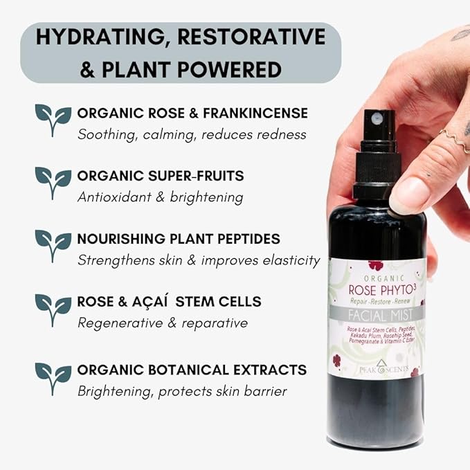 Organic & Vegan Rose Phyto³ Water Facial Spray - Moisturizing Face Mist & Setting Spray, Soothing, Hydrating Mist Rose Water For Face - Great for Facial Massaging (4 oz)-BrightBean Baby