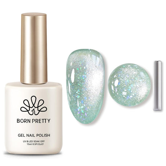 Born Pretty Green Cat Magnetic Eye Gel Nail Polish Shimmer Glitter Flakes Holographic Aurora Mint Green Magnetic Gel Polish Nail Art Manicure DIY at Home 15ML-BrightBean Baby
