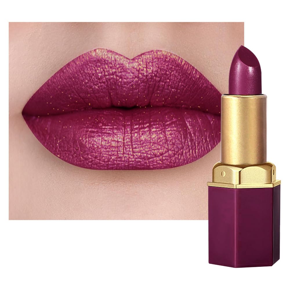 Dark Purple Metallic Lipstick for Women,Lightweight Shimmer Frosted Lipstick,Glitter Lip Gloss Stain Long Lasting Waterproof Smudge Proof 24 Hour Full Coverage Lip Makeup,Vegan-BrightBean Baby