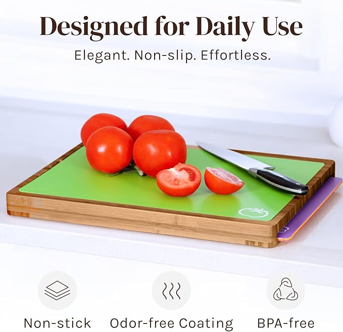 Bamboo Wood Cutting Board Set, Bamboo with 6 Color Coded Flexible Plastic Chopping Mats with Food Icons, Wooden Cutting Boards for Kitchen, Wooden Chopping Board Set Non Toxic Dishwasher Safe