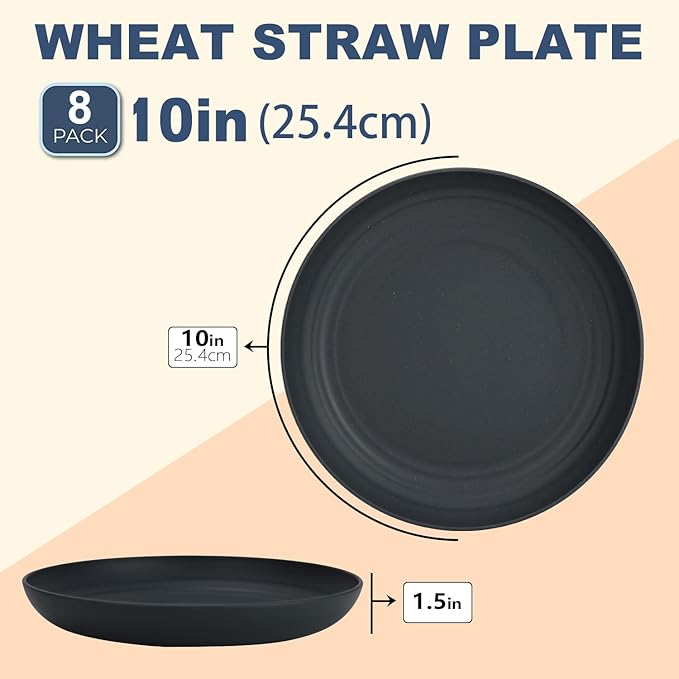 Wrova Wheat Straw Dinner Plates - 10 Inch Unbreakable Set of 8 - Dishwasher & Microwave Safe Reusable Plates - Lightweight for Kitchen, Camping (Classic Series)