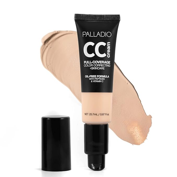 Palladio Full-Coverage Color Correction CC Cream, Oil-Free with Peptides & Vitamin C, Best for Correcting Redness and Uneven Skin Tone, Buildable Foundation Coverage (Fair 10C)-BrightBean Baby