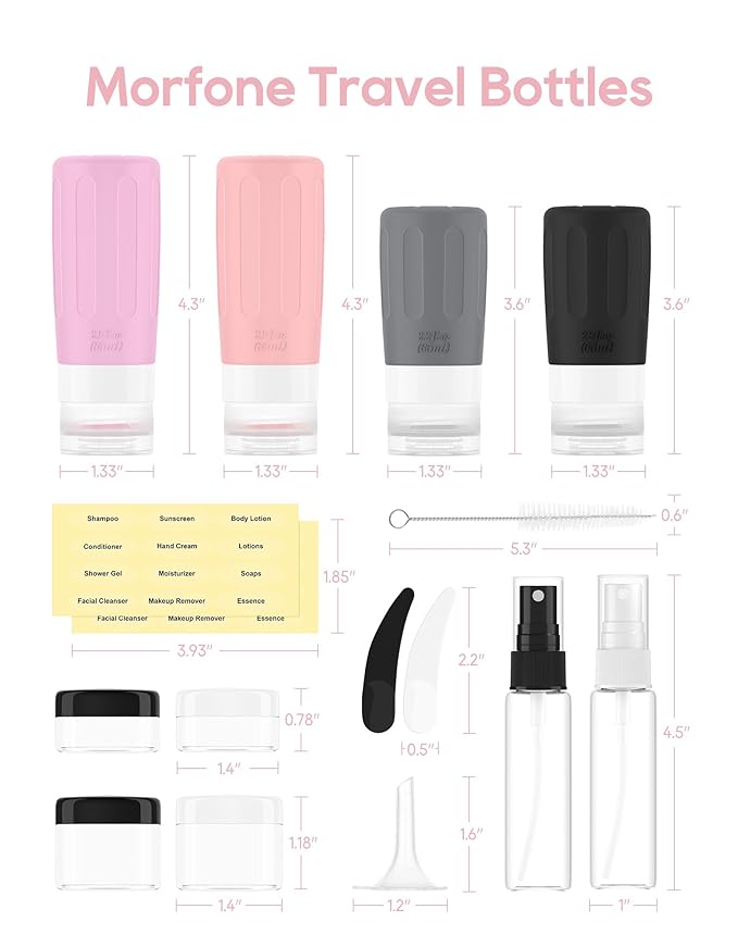 Morfone 16 Pack Silicone Travel Bottles Set for Toiletries TSA Approved Travel Containers Leakproof Squeezable Refillable Accessories 2oz 3oz for Shampoo Conditioner Lotion Liquids (Black Pink)-BrightBean Baby
