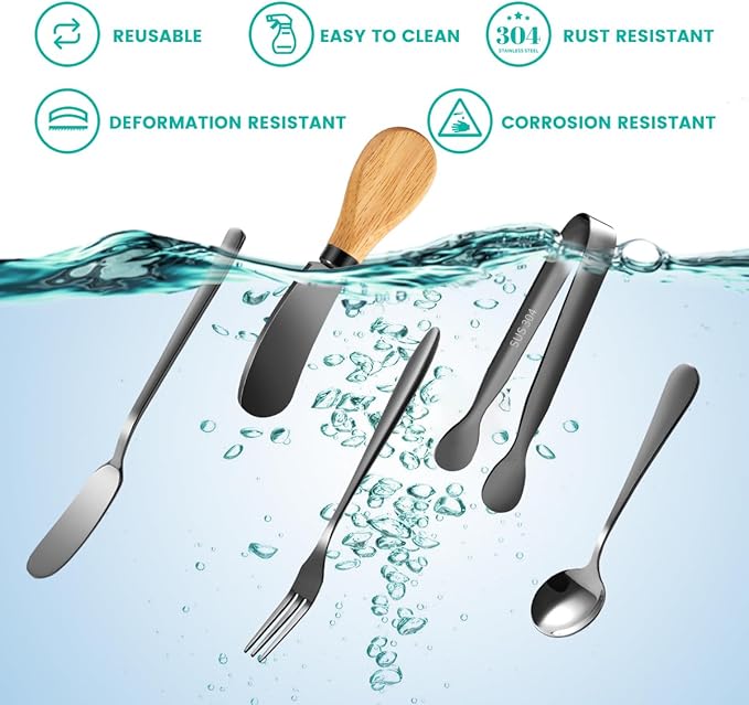 Charcuterie Board Accessories With 3 Oz Ceramic Dip Bowls, Wooden Handle Black Cheese Spreader Butter Knive Set Kit, Mini Tongs, Spoons, Forks,Honey Dipper, Cocktail Picks