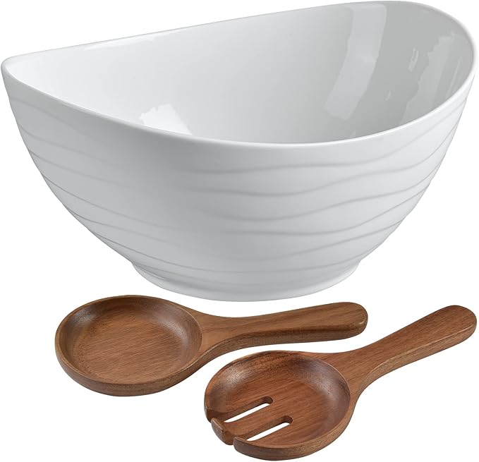 Extra Large Elegant Ceramic Oval Salad Bowl Set with Premium Acacia Wood Salad Serving Utensils - Large Capacity, Stylish and Practical, Kitchen Must-Have